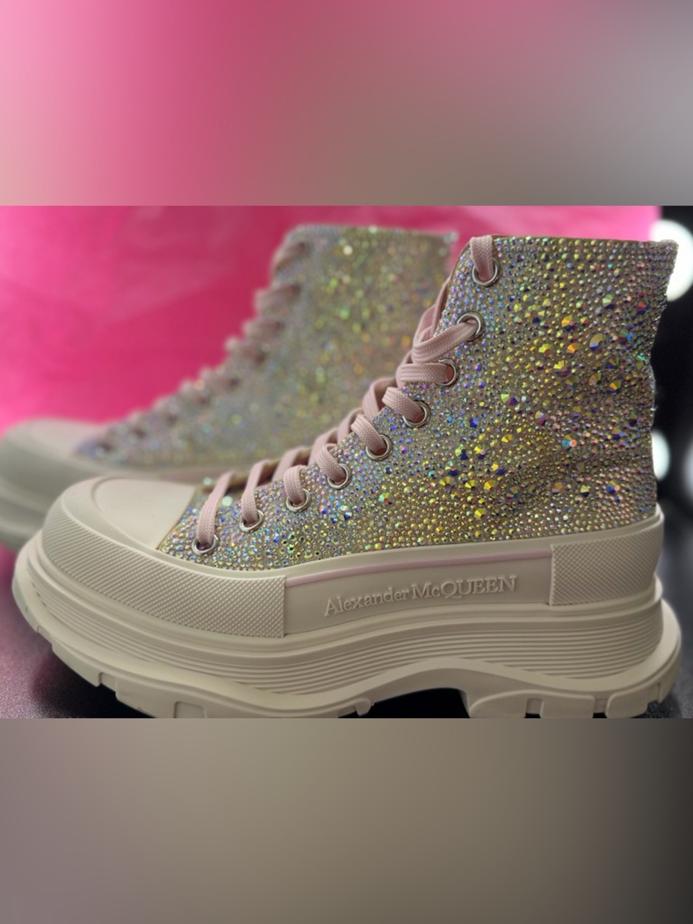Alexander McQueen Tread Slick Pink Crystal Lace-Up Platform High Tops size 40